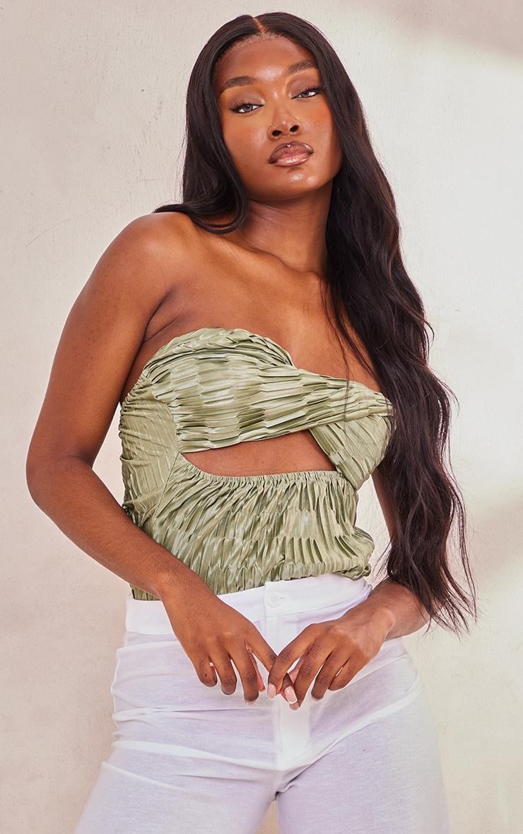 Tall Olive Satin Textured Bandeau Crop Top Product Image