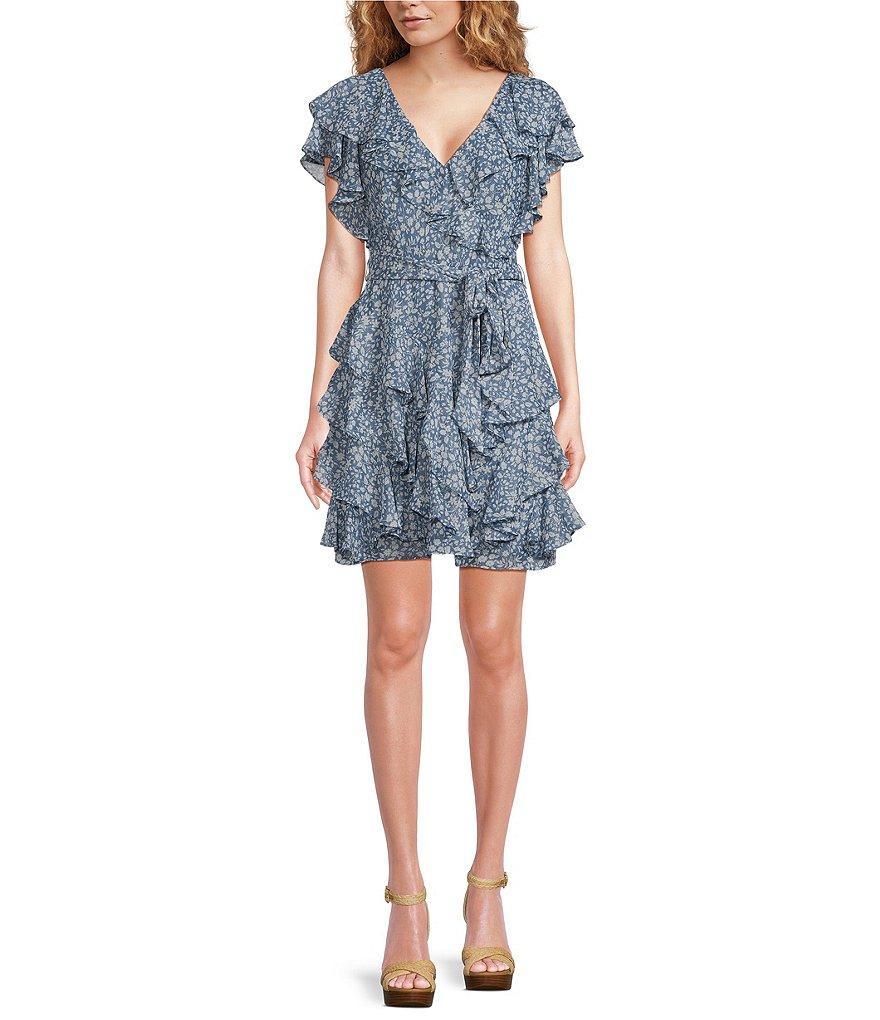 Lauren Ralph Lauren Floral Metallic Chiffon V-Neck Short Flutter Sleeve Ruffle Mini Dress Product Image