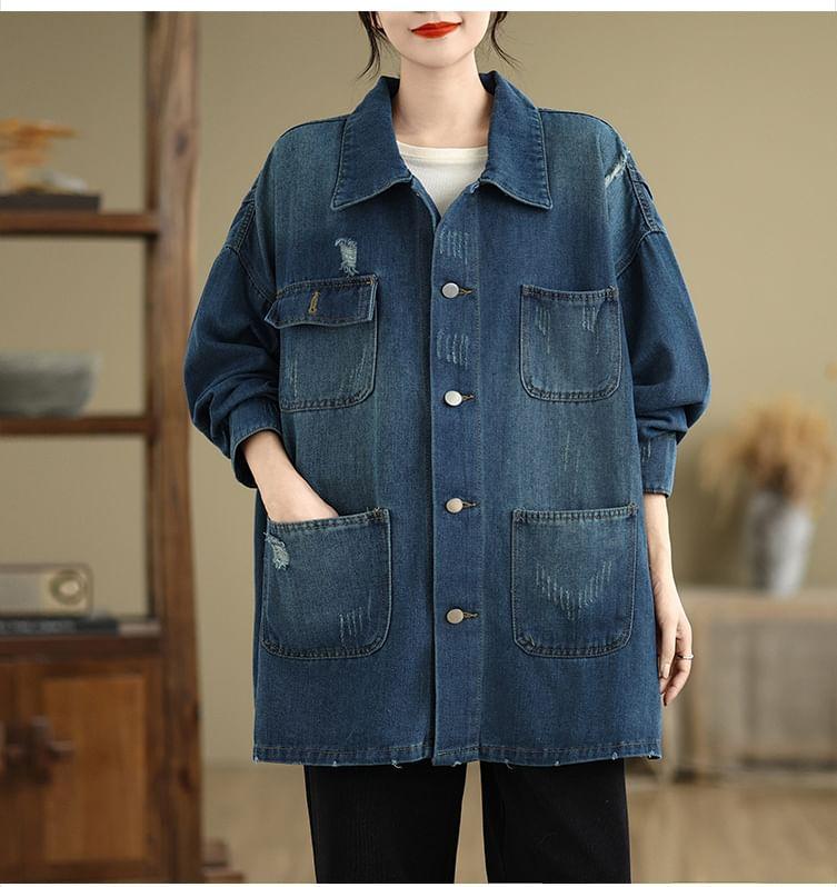 Distressed Washed Denim Single-Breasted Jacket Product Image