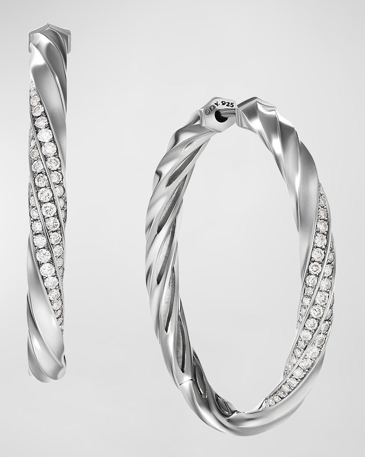 Womens Cable Sterling Silver & Diamond Hoop Earrings Product Image