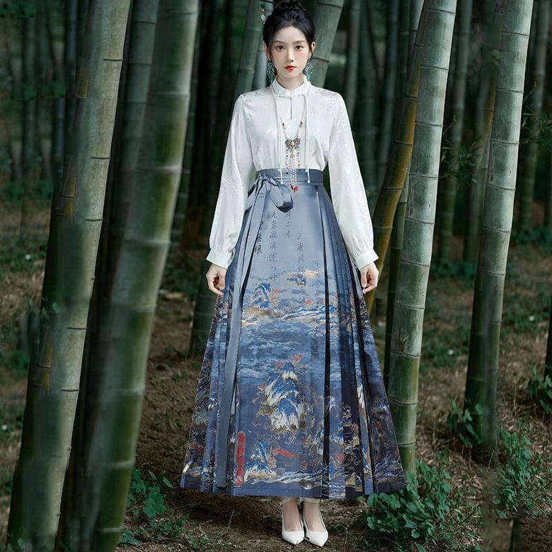 Long-Sleeve Mandarin Collar Jacquard Blouse / High Rise Embroidered Midi Ma Mian Skirt Product Image