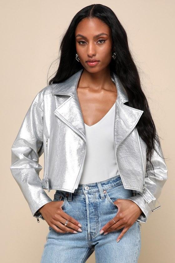 Polished Impression Silver Metallic Vegan Leather Moto Jacket Product Image