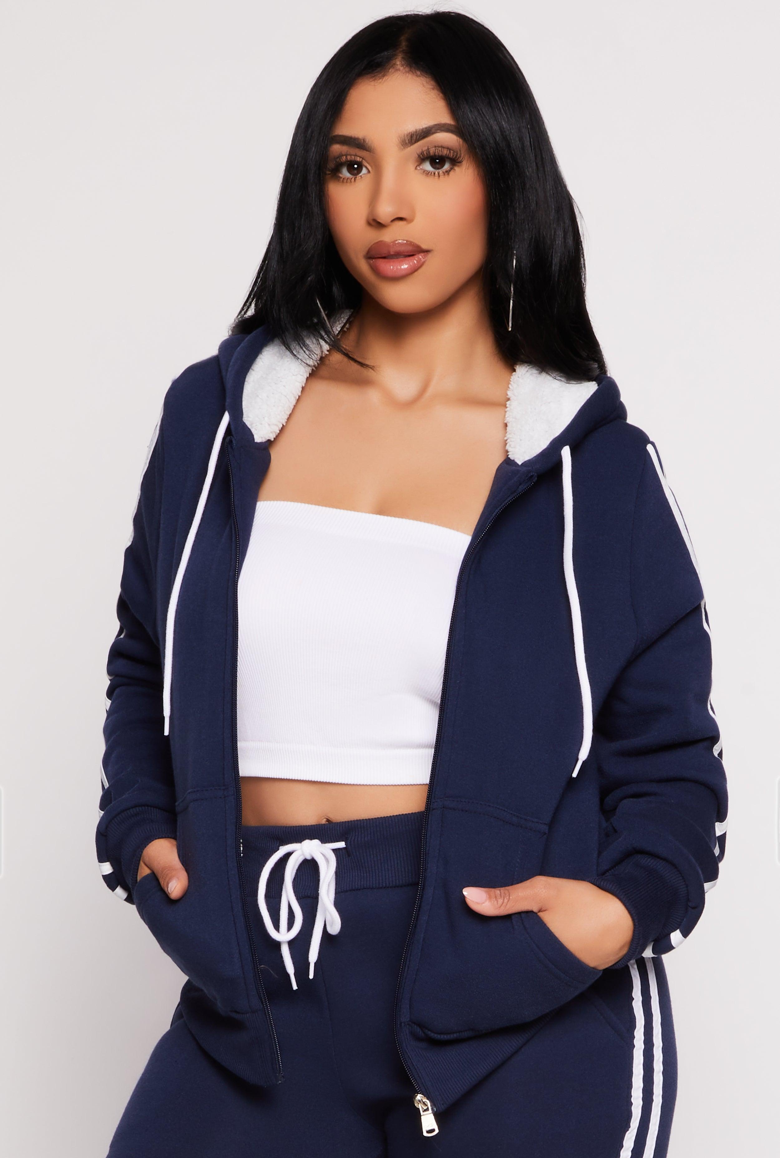 Womens Varsity Stripe Zip Front Sherpa Lined Hoodie Product Image