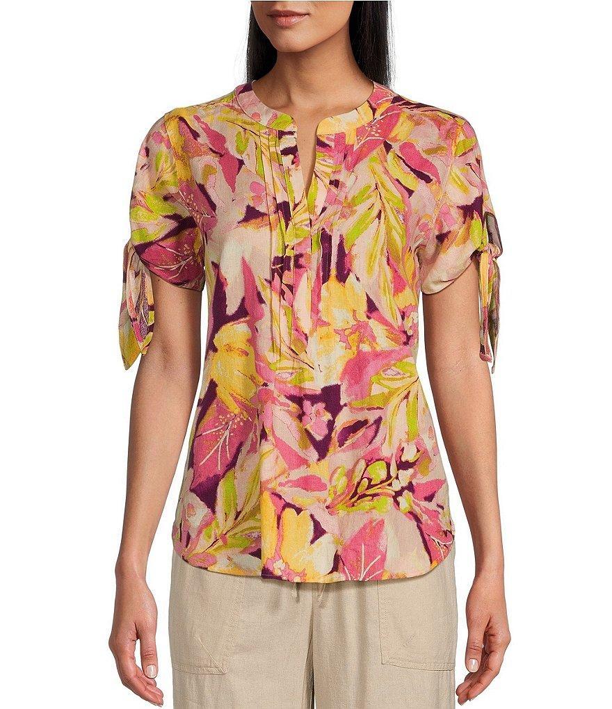 Westbound Tie Short Sleeve Y-Neck Pleated Top Product Image