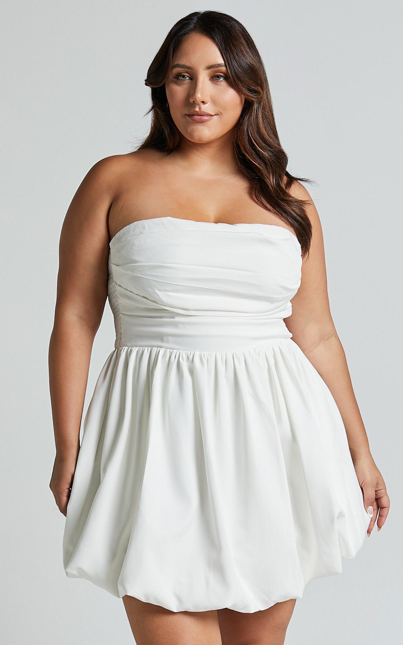 Shaima Mini Dress - Strapless Bubble Hem Dress in White Product Image