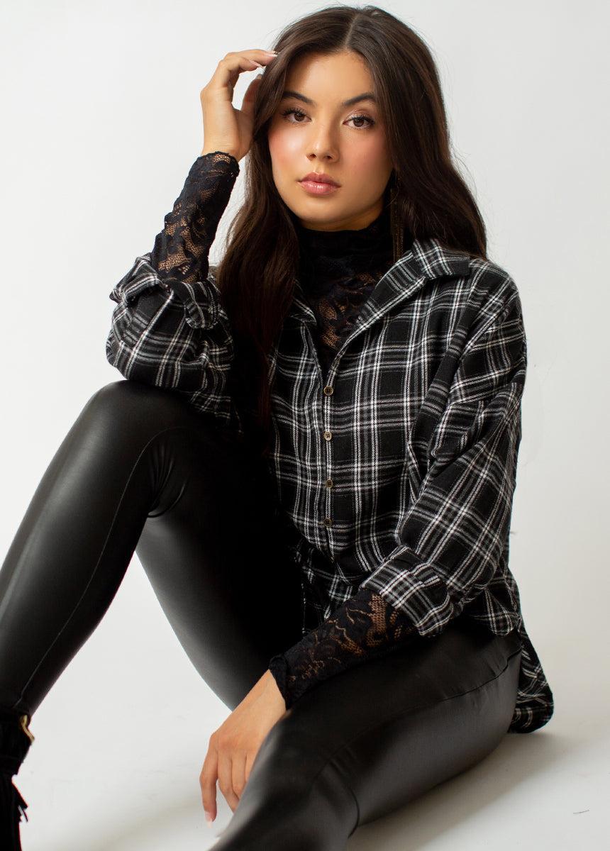 Marika Top in Black Plaid Product Image