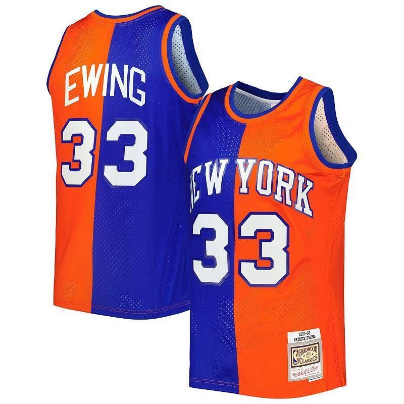 Mens Mitchell & Ness Patrick Ewing /Orange New York Knicks Hardwood Classics 1991-92 Split Swingman Jersey Product Image