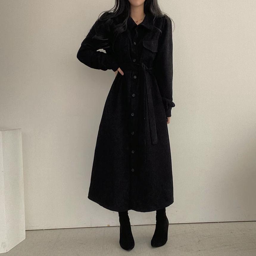 Collared Button-Up Plain Long Trench Coat Product Image