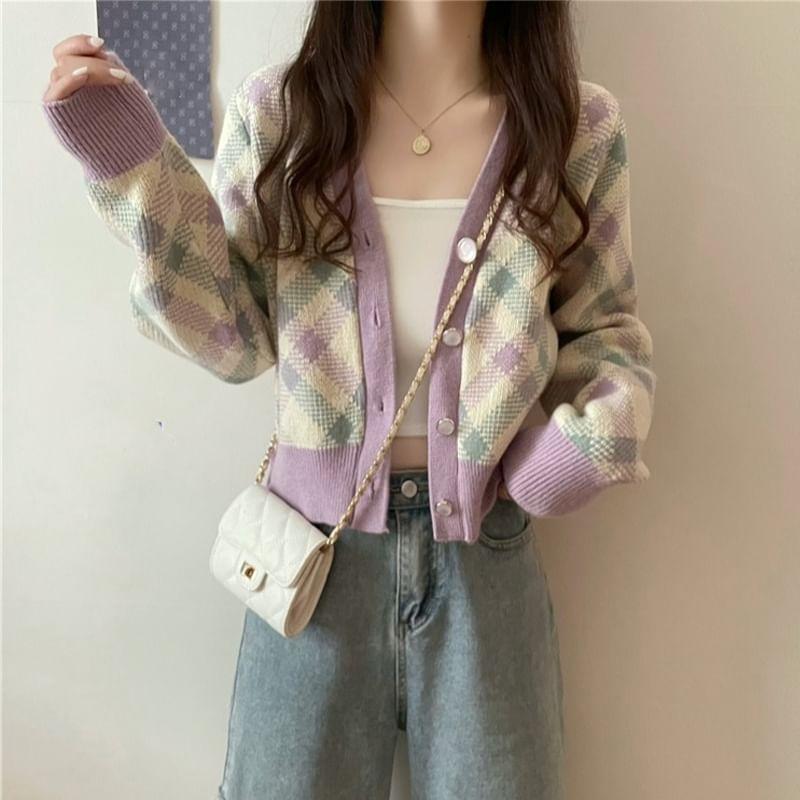 V-Neck Plaid Cardigan Product Image