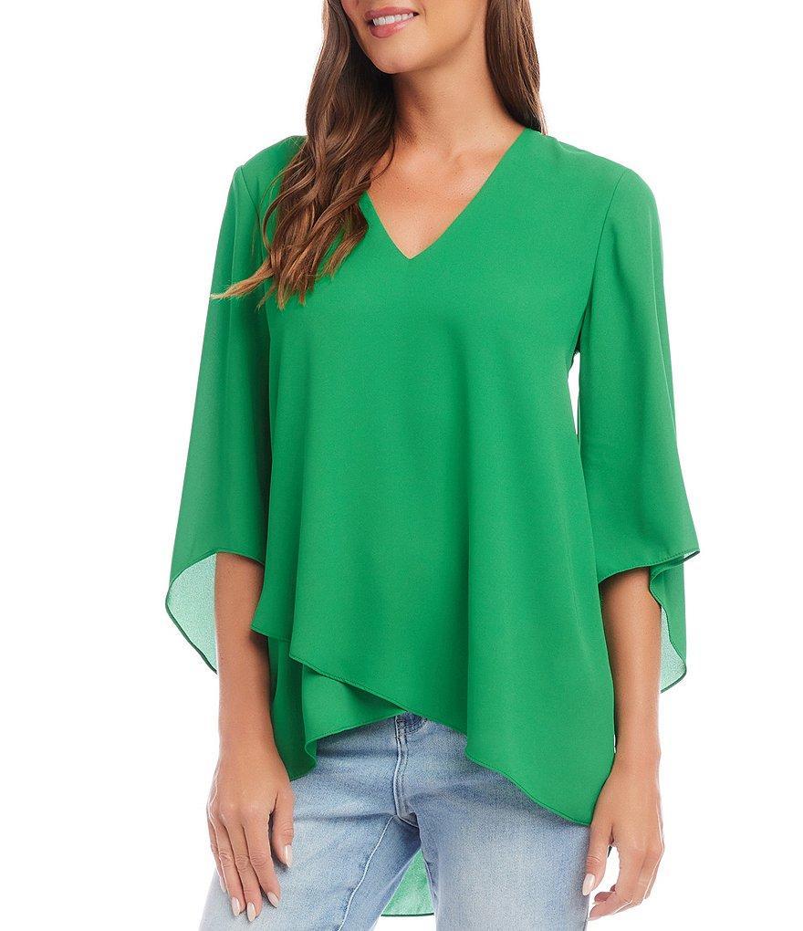 Karen Kane V-Neck 3/4 Sleeve Crossover Hem Silky Crepe Top Product Image