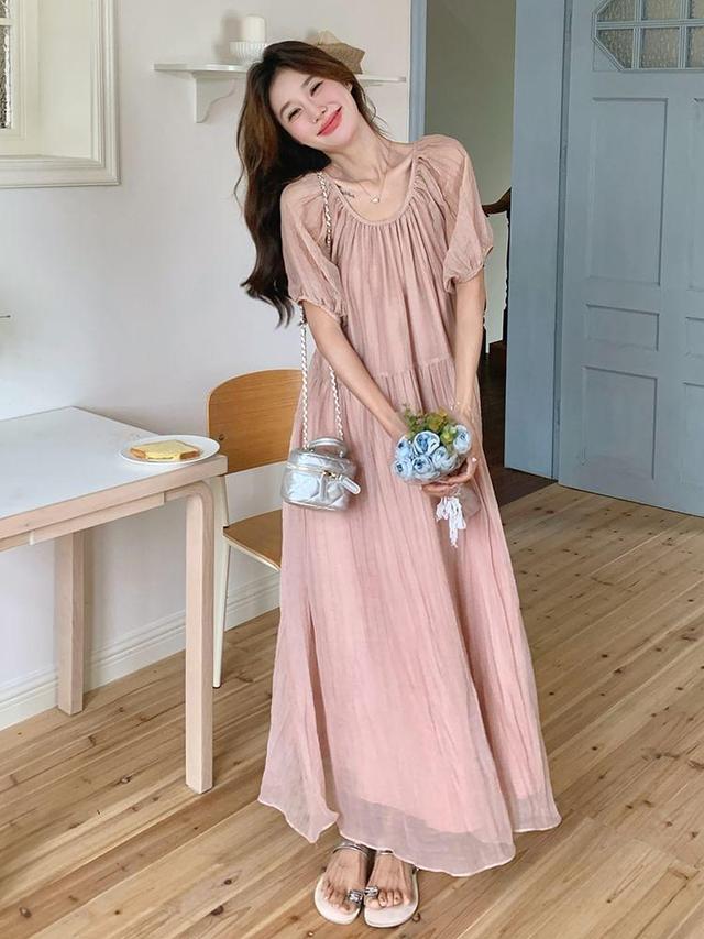 Ruffle Short-Sleeve Round Neck Plain Maxi A-Line Dress Product Image