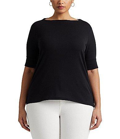 Lauren Ralph Lauren Plus Size Stretch Cotton Boat Neck Short Folded Elbow Sleeve Top Product Image