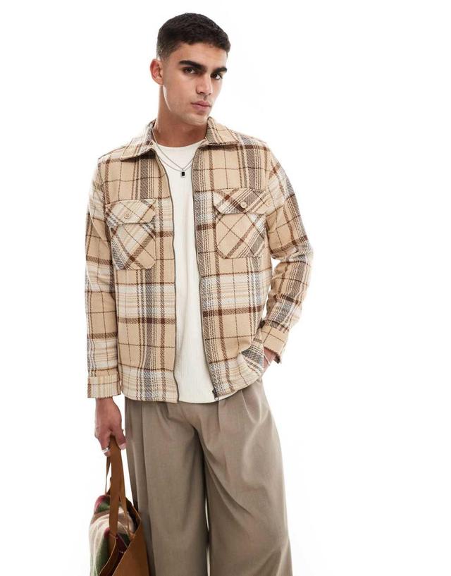 ONLY & SONS zip up faux wool shacket in beige plaid Product Image