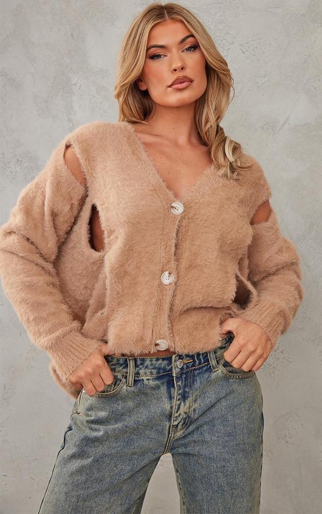 Mocha Eyelash Knit Cut Out Oversized Cardigan Product Image