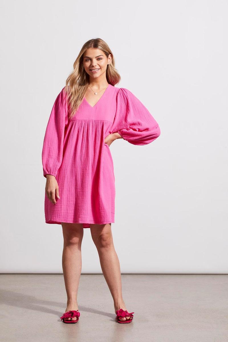 Cotton Gauze Puffy Sleeve Dress- Hi Pink Product Image