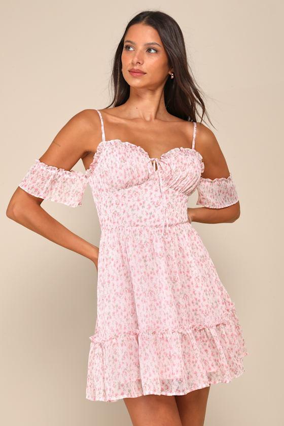 Sweet Feeling Light Pink Floral Cold Shoulder Bustier Mini Dress Product Image