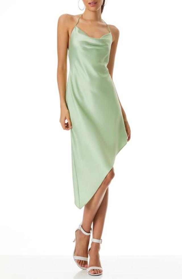 Harmony Halter Neck Asymmetric Satin Slipdress In Sage Product Image