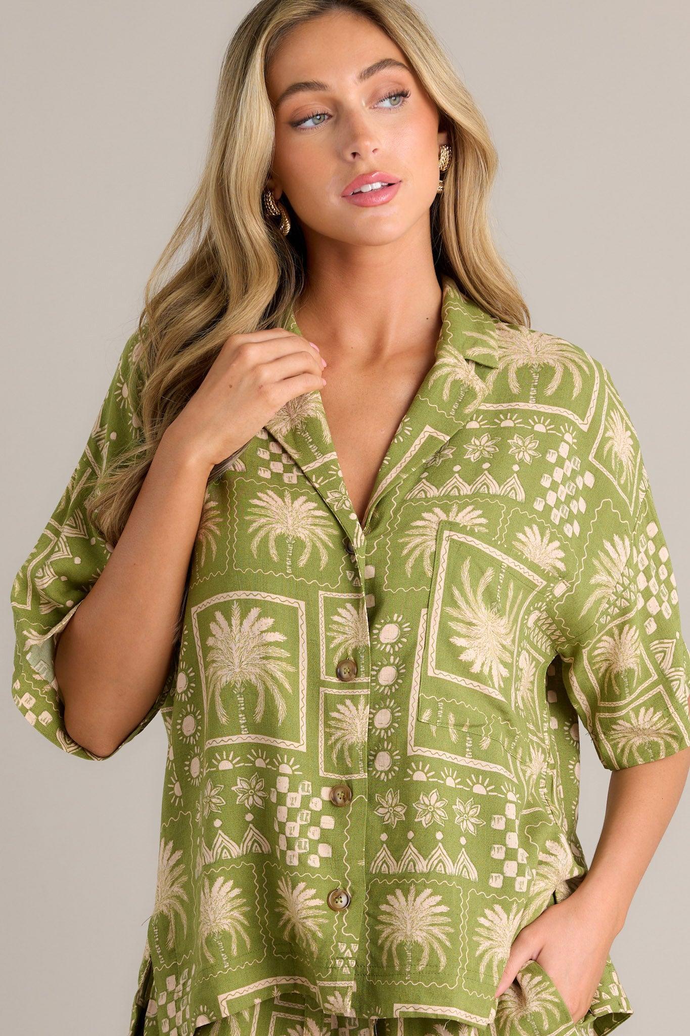 Tropical Treasures Olive Green Tropical Print Top Product Image