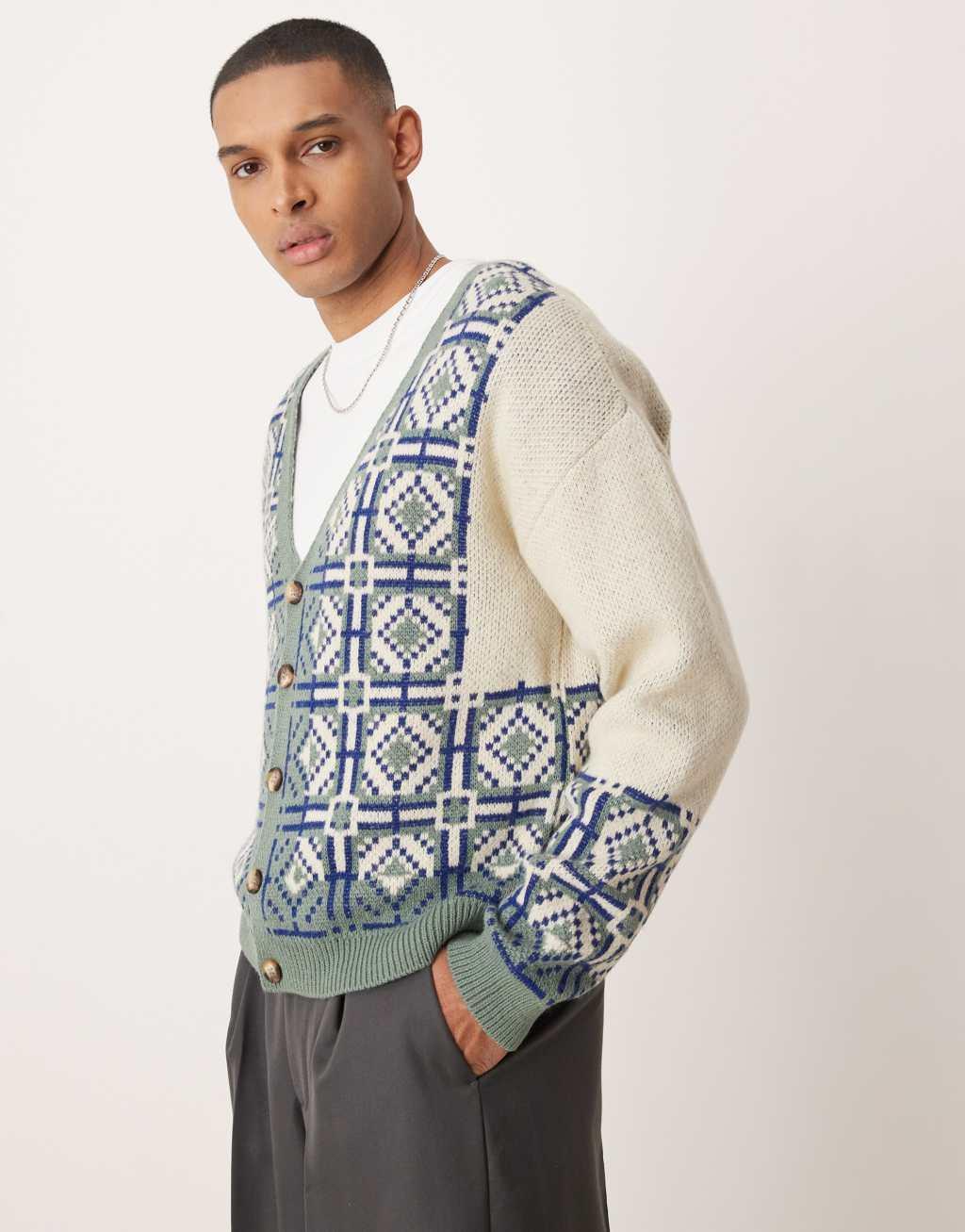 ASOS DESIGN relaxed boxy knit cardigan with geometric pattern in stone Product Image