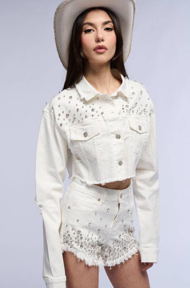 CROPPED WHITE DENIM EMBELLISHED JACKET Product Image