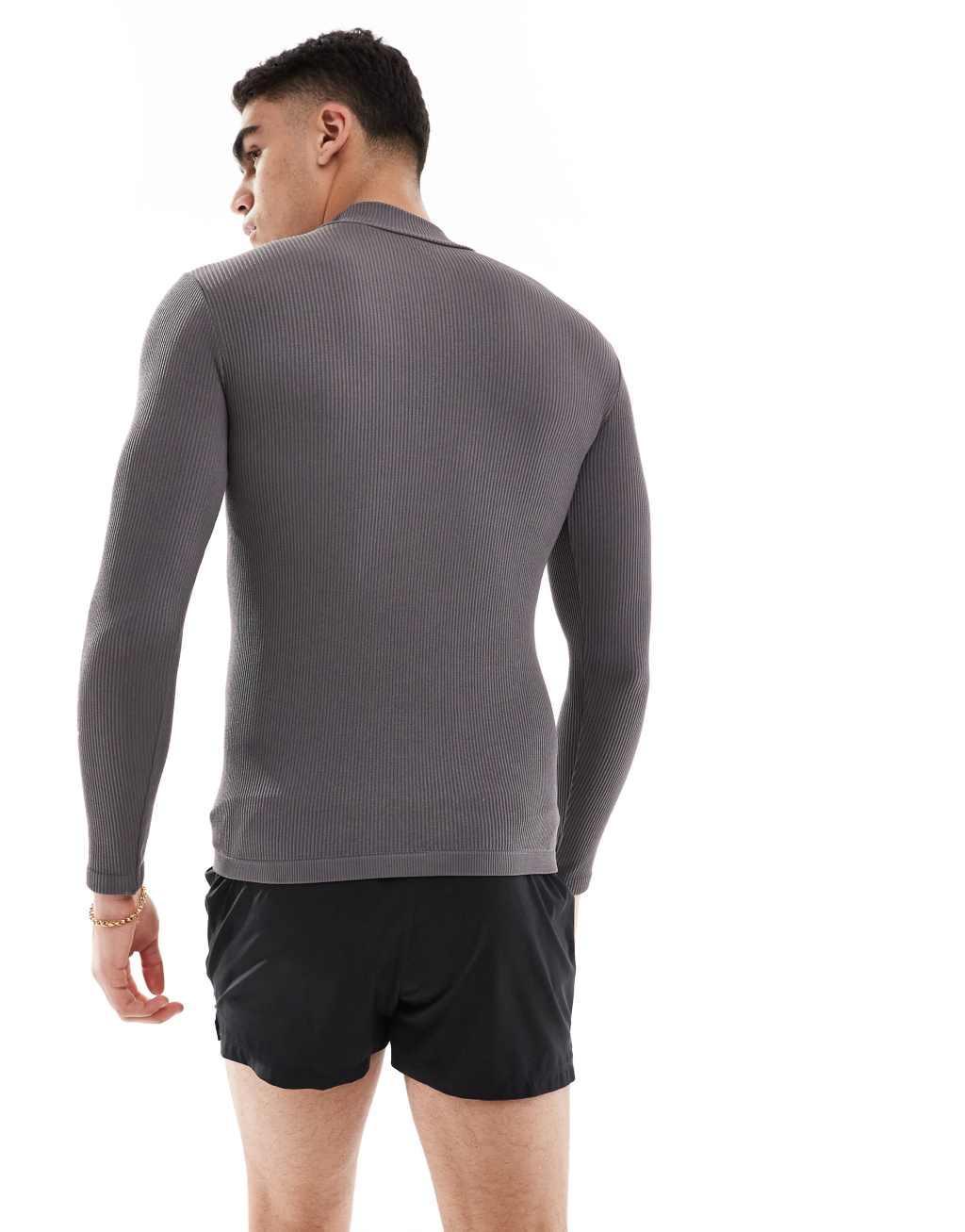 ASOS 4505 muscle fit seamless rib performance 1/4 zip in steel gray Product Image