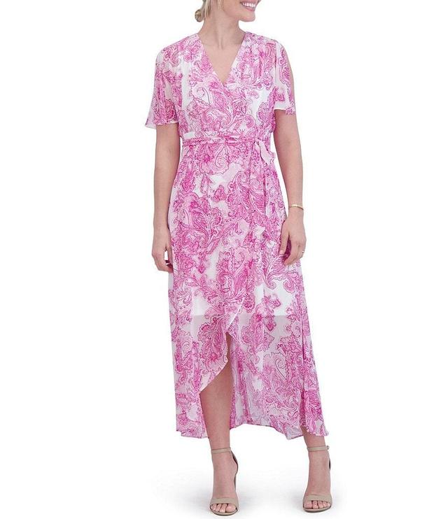 Jessica Howard Petite Size Short Sleeve V-Neck Tie Waist Paisley Print Faux Wrap Maxi Dress Product Image