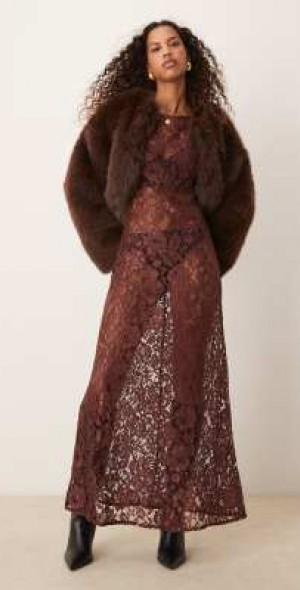 ASOS DESIGN lace angel sleeve maxi dress in chocolate-Brown Product Image