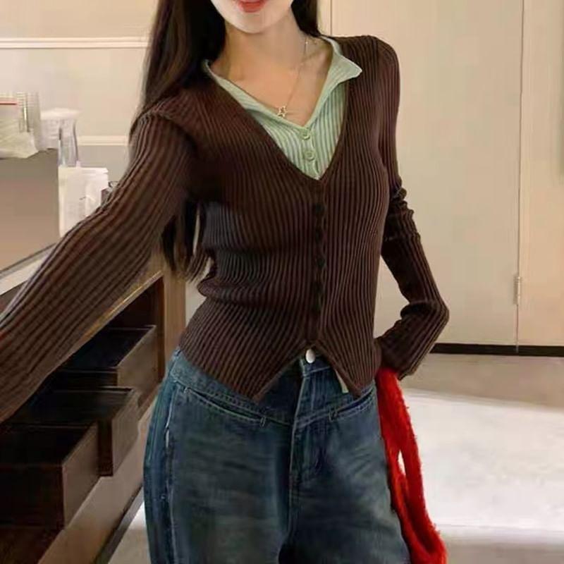 Mock Two-Piece Long-Sleeve Two Tone Knit Top Product Image