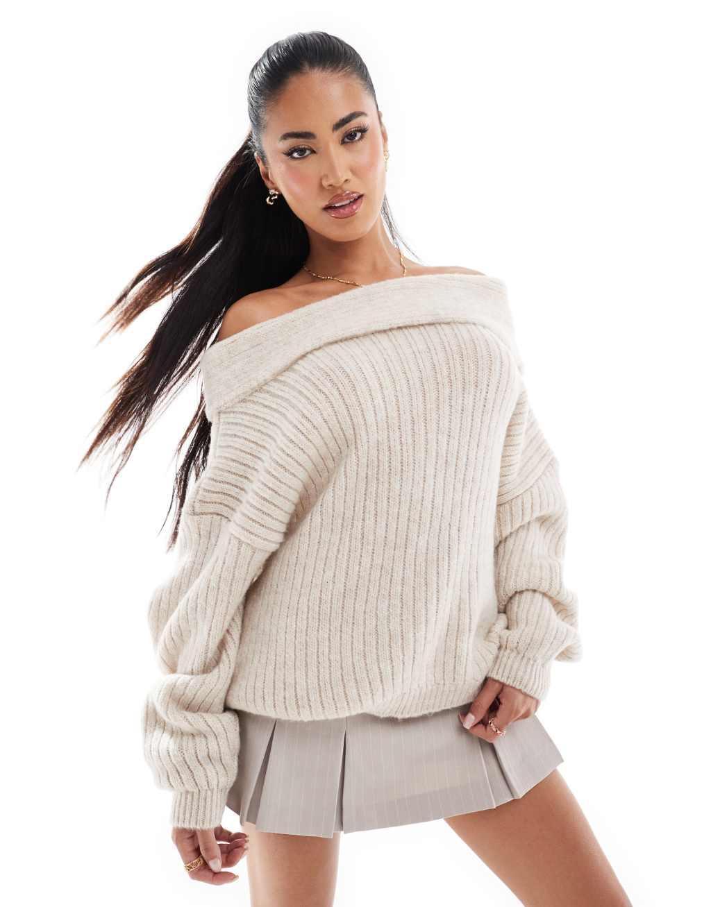 ASOS DESIGN oversized knitted off shoulder sweater in cream Product Image