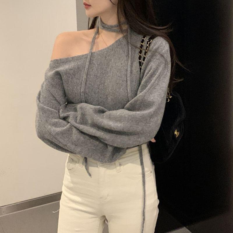 One Shoulder Plain Sweater Product Image