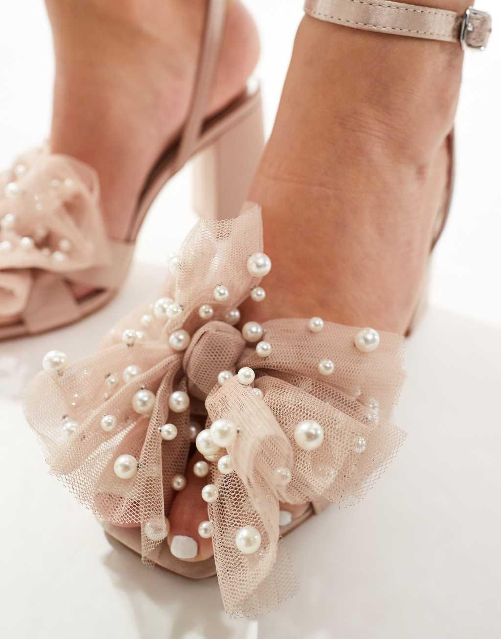 Be Mine Bridal Issa tulle pearl bow block heel sandals in blush Product Image