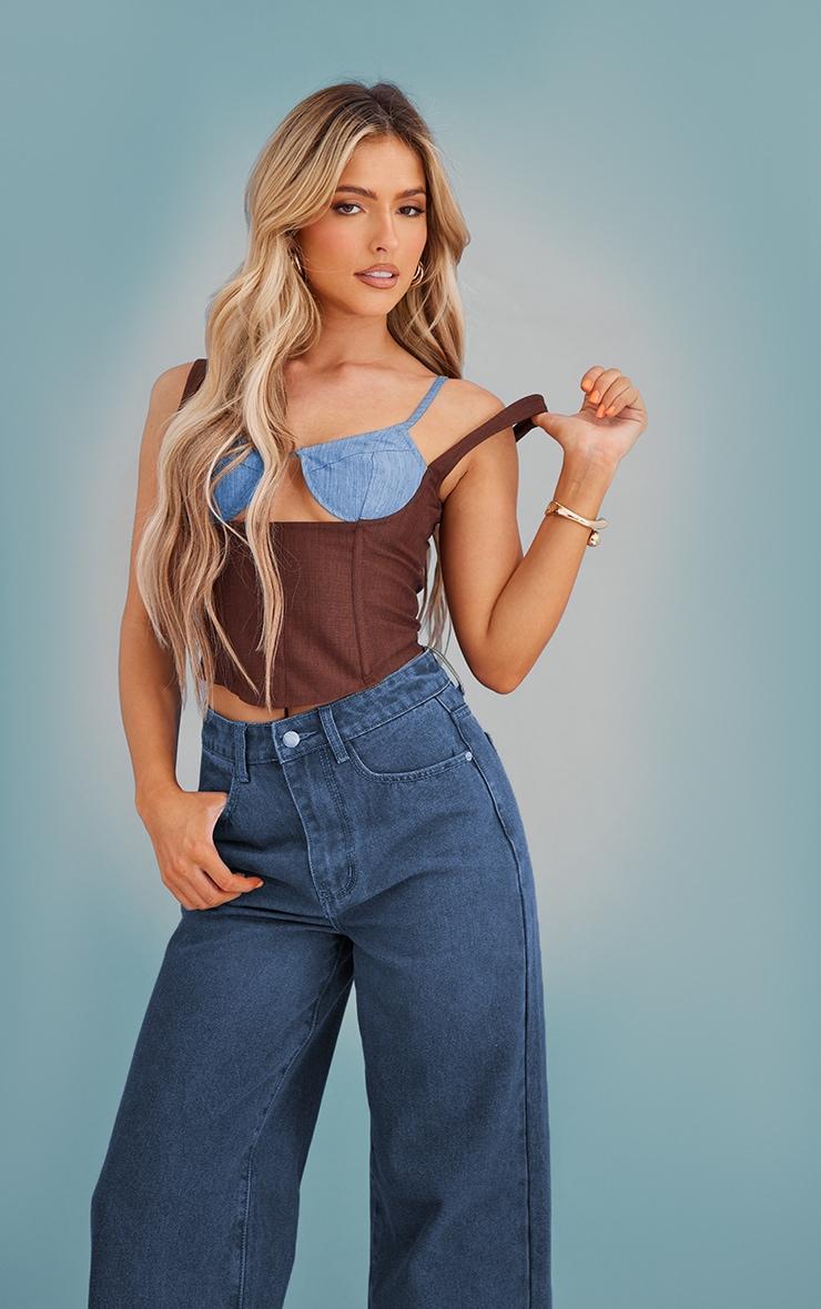 Brown Linen Color Block Cup Detail Boned Corset Top Product Image