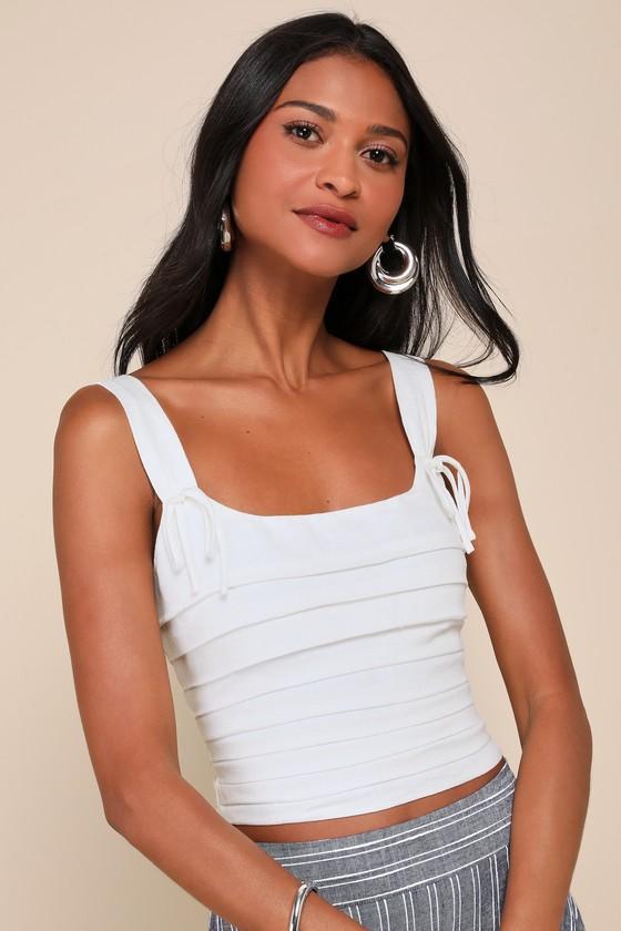 Trendsetting Essence White Linen Pleated Cropped Lace-Up Top Product Image