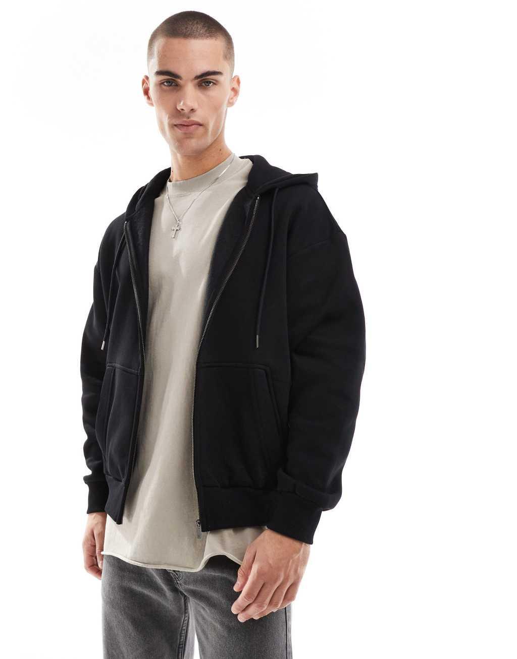 Bershka washed zip up hoodie tracksuit in black Product Image