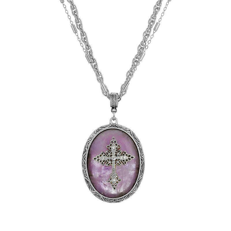 Symbols Of Faith Silver Tone Crystal Cross Cameo Double-Strand Pendant Necklace, Womens, Purple Product Image