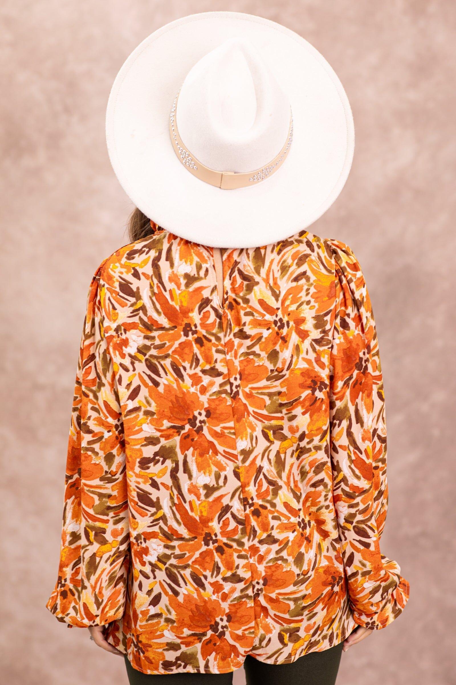 Orange and Tan Floral Print Smocked Cuff Top Product Image