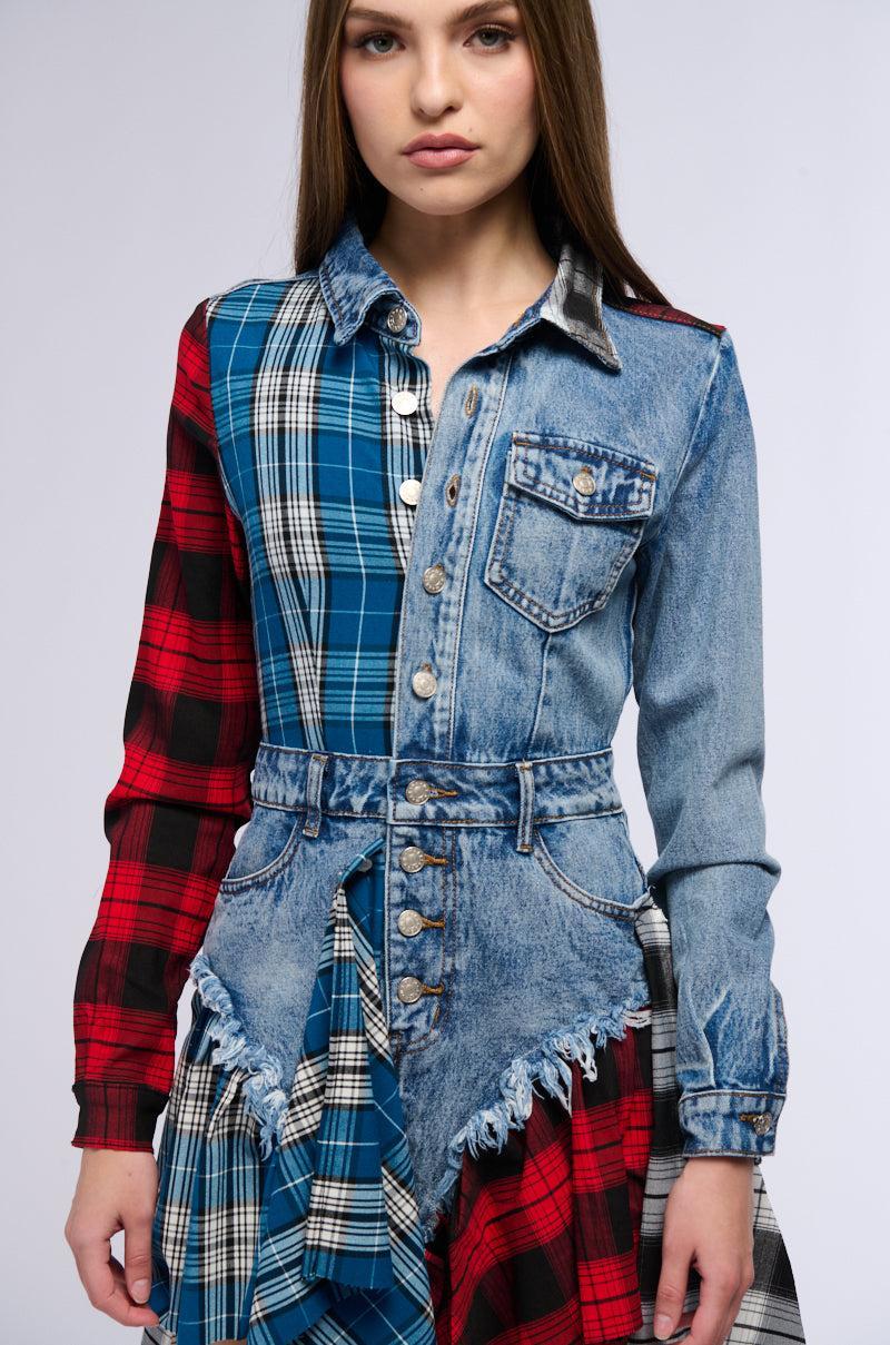 PATCHWORK PLAID DENIM MINI DRESS Product Image