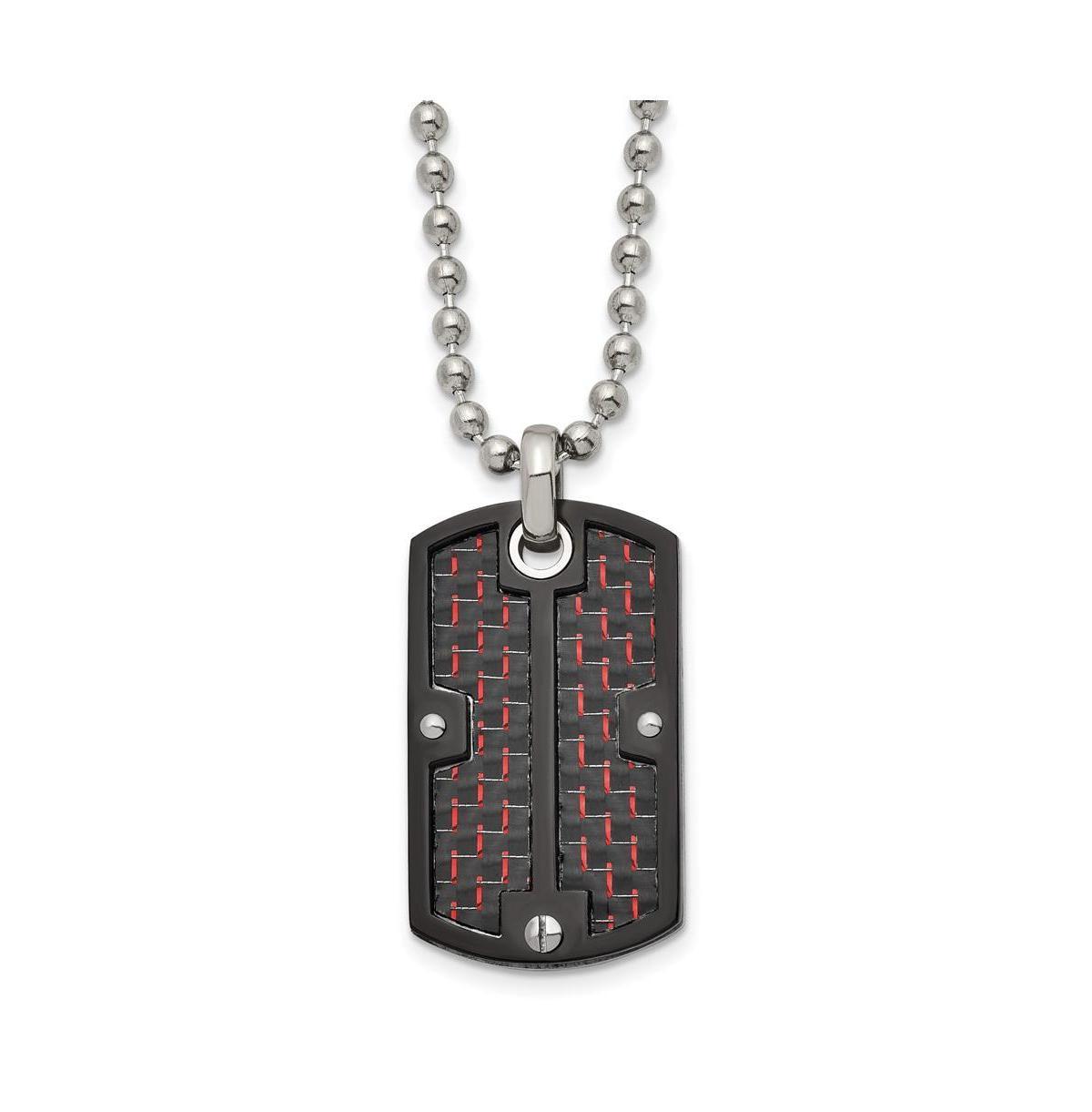 Mens Black Stainless Steel Black & Red Carbon Fiber Inlay Dog Tag Necklace Product Image