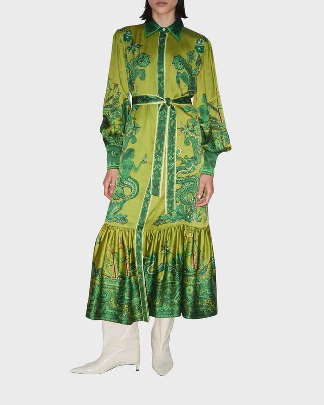 Solaris Silk Twill Belted Lantern-Sleeve Maxi Shirtdress Product Image