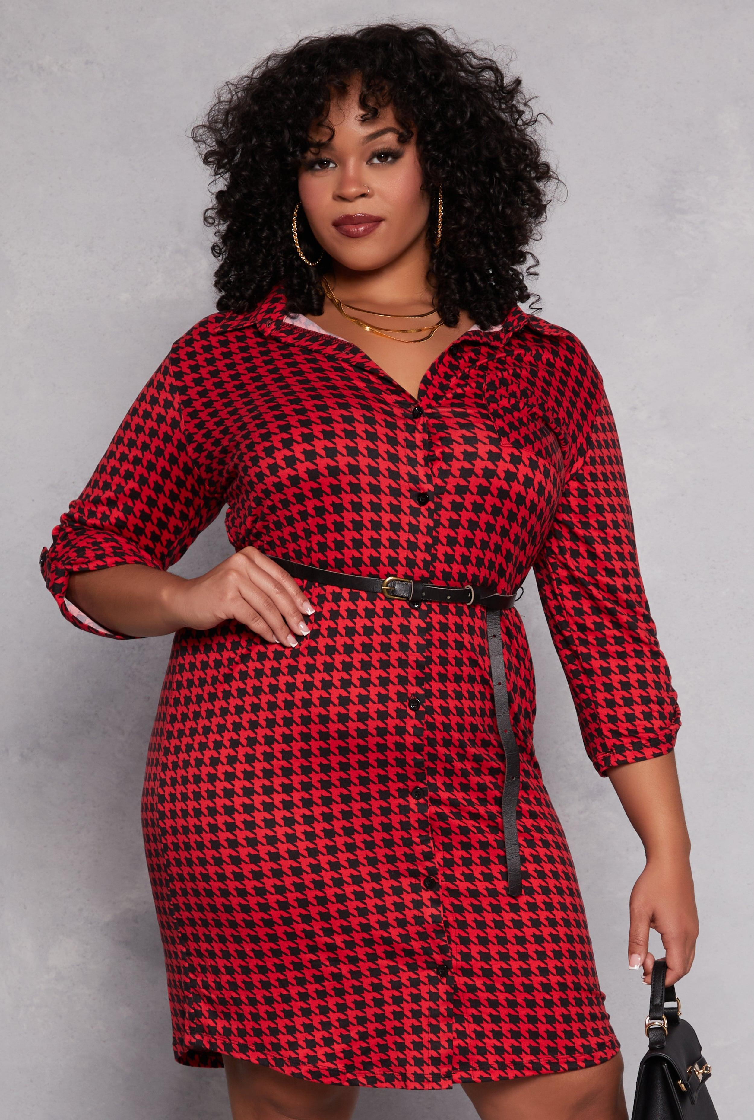 Womens Plus Size Houndstooth Belted Shirt Dress Product Image