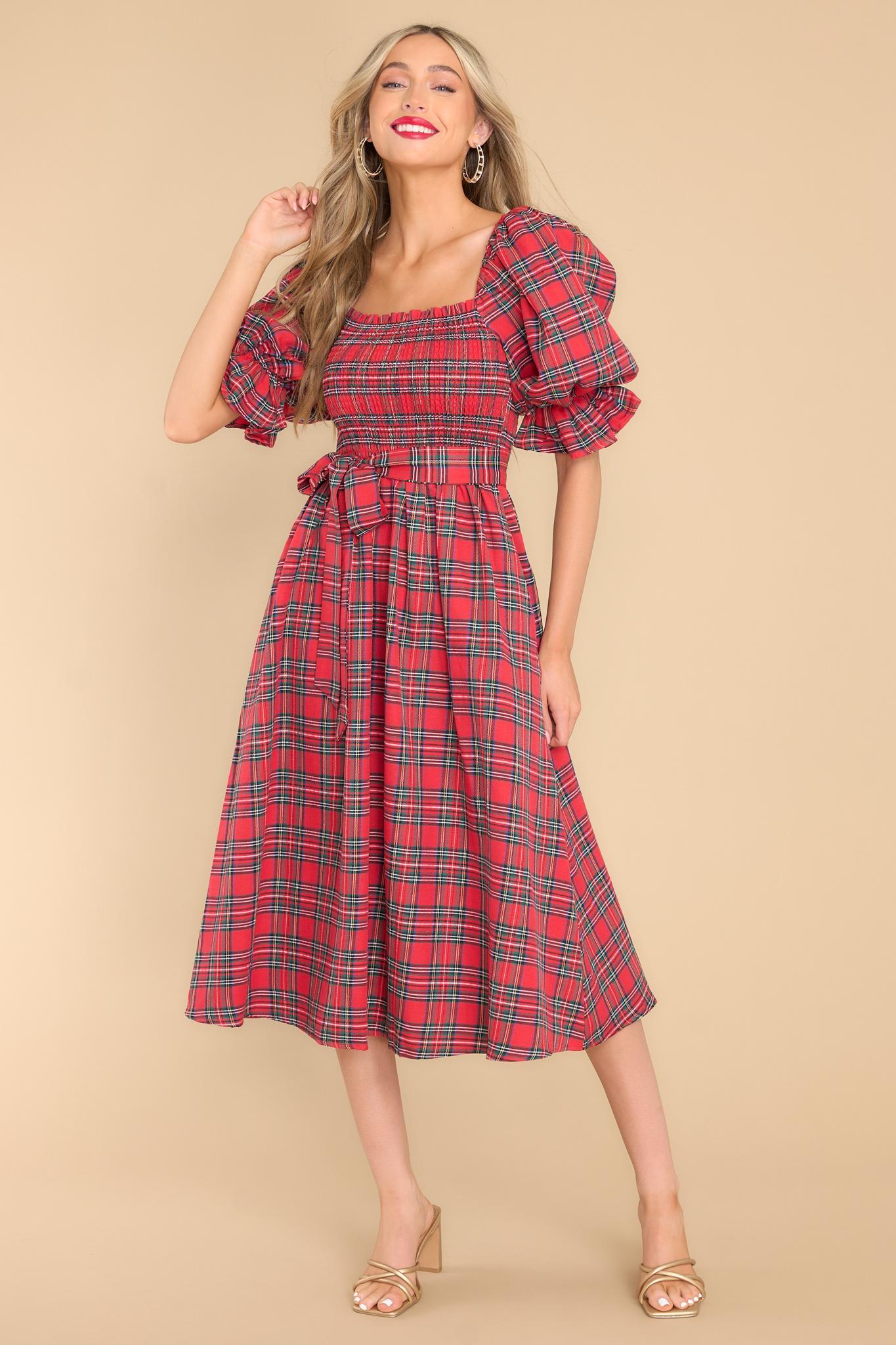 Aura Wishful Wonderland Red Plaid Midi Dress Product Image