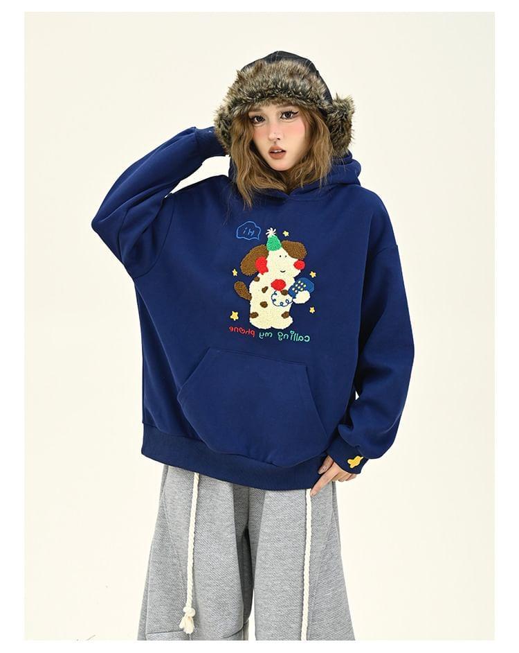 Drop Shoulder Dog Embroidered Oversized Hoodie Product Image