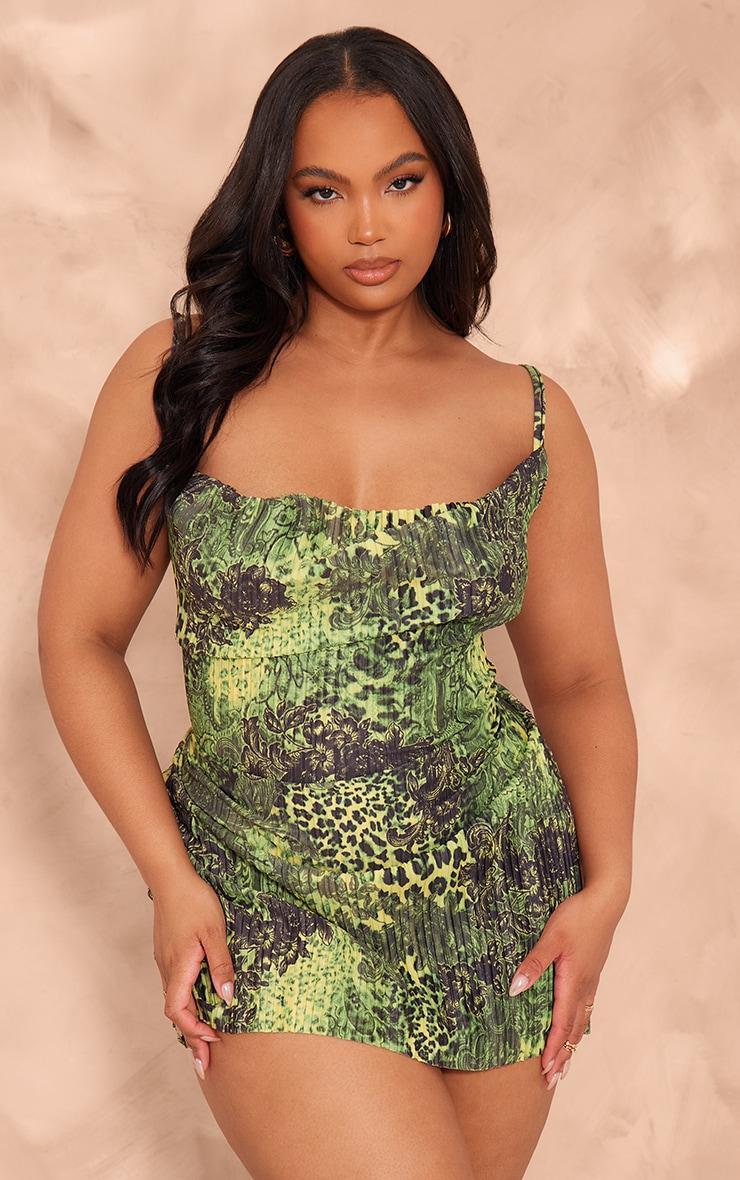 Plus Multi Printed Plisse Cowl Neck Bodycon Dress Product Image