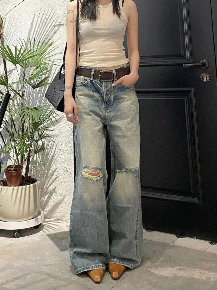 Low Rise Distressed Washed Wide Leg Jeans Product Image