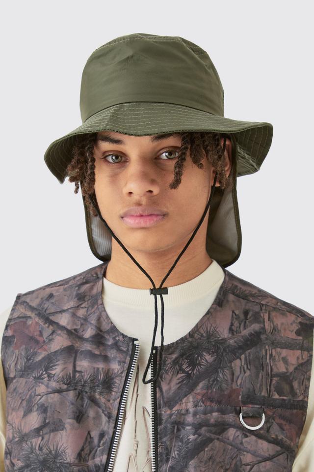 Nylon Neck Flap Boonie Hat In Khaki | boohooMAN USA Product Image