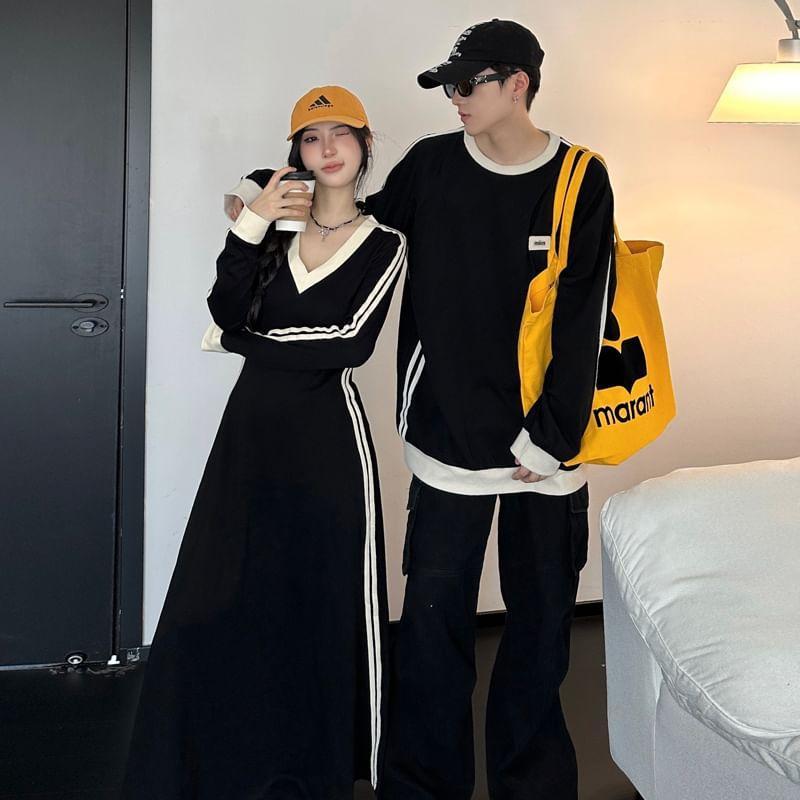 Couple Matching Crew Neck Striped Oversized Sweatshirt / Long-Sleeve V-Neck Maxi Sweatshirt Dress Product Image