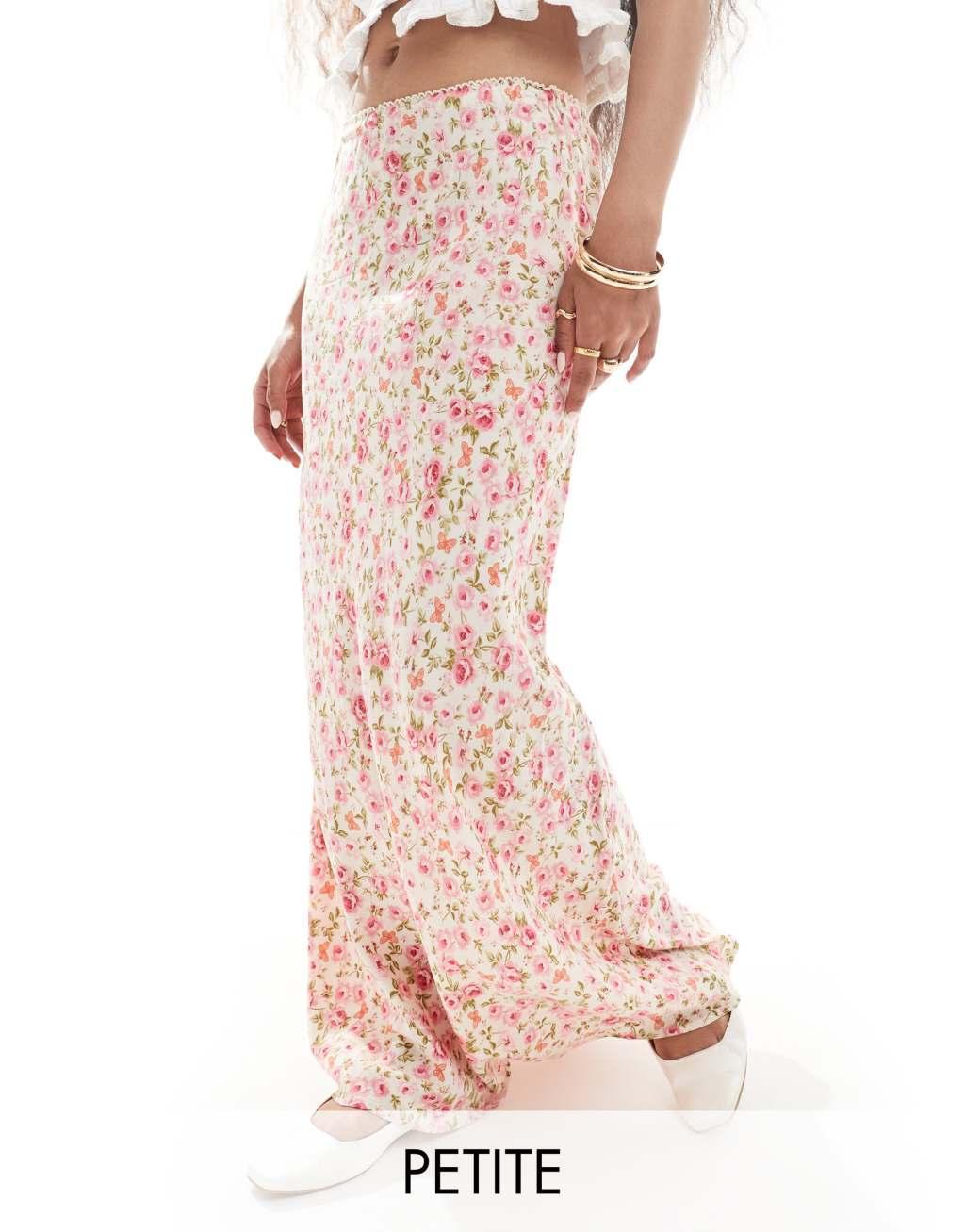 Miss Selfridge Petite picot trim bias cut maxi skirt in pink floral Product Image