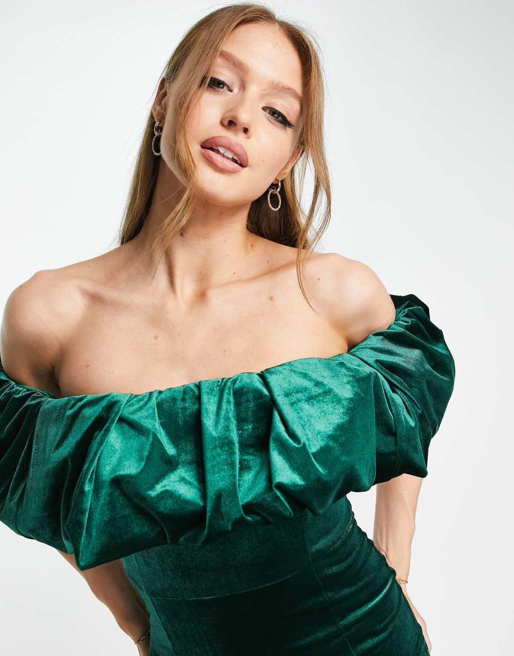 Saint Genies velvet frill off the shoulder midi dress in emerald green Product Image