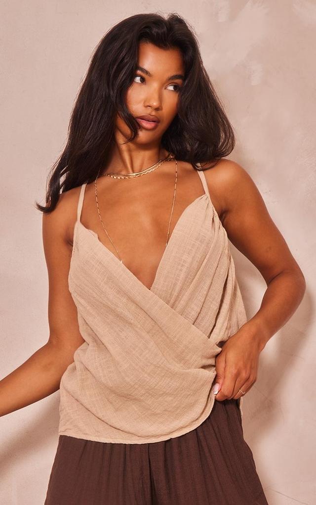 Sand Linen Look Cowl Drape Cami Long Top Product Image