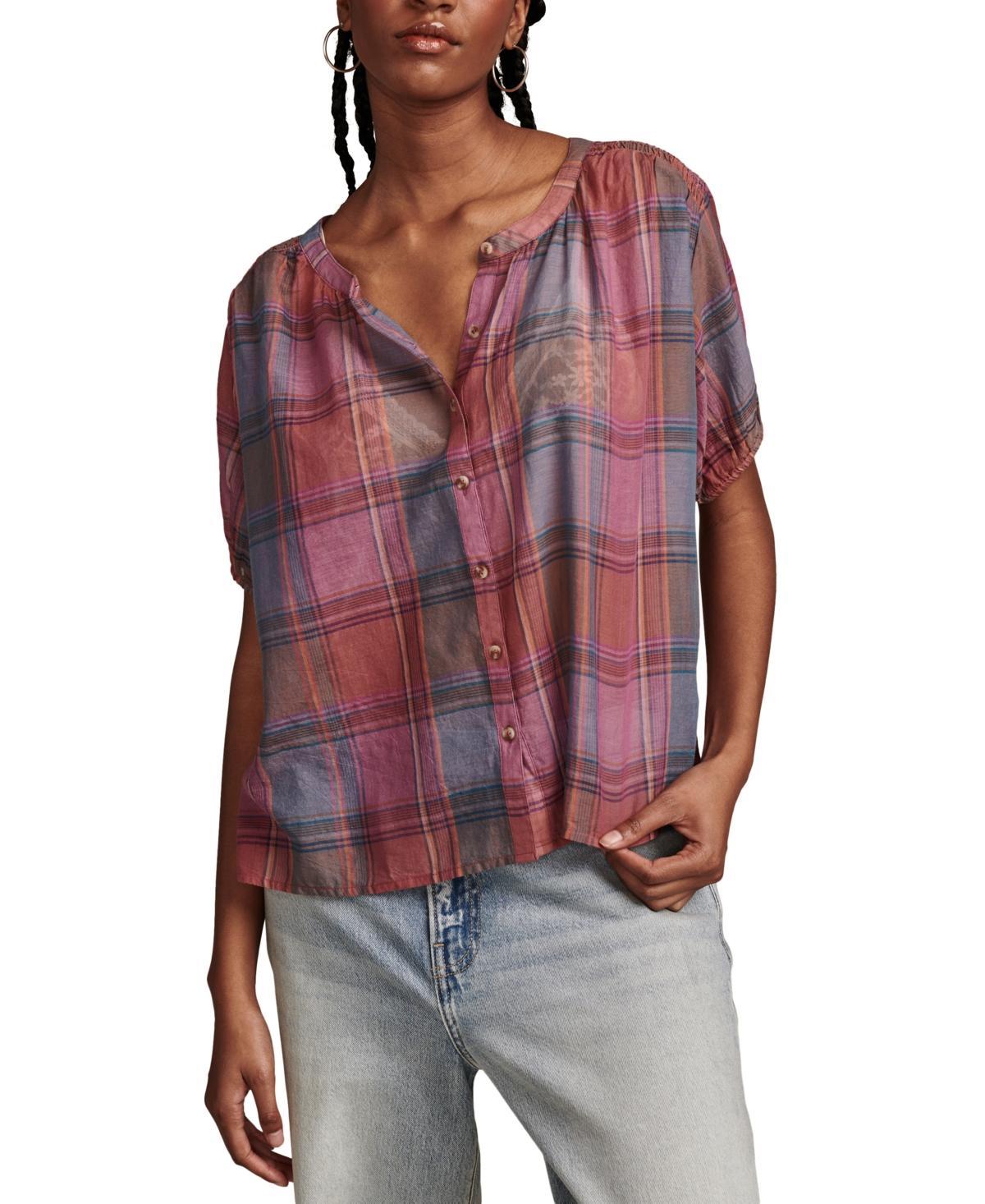 Women's Cotton Plaid Smocked-Shoulder Blouse  Product Image